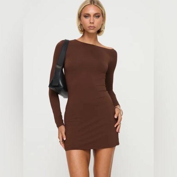 Princess Polly Dresses & Skirts - PRINCESS POLLY Kataline Asymmetrical Neckline Chocolate Brown Mini Dress 4 NWT